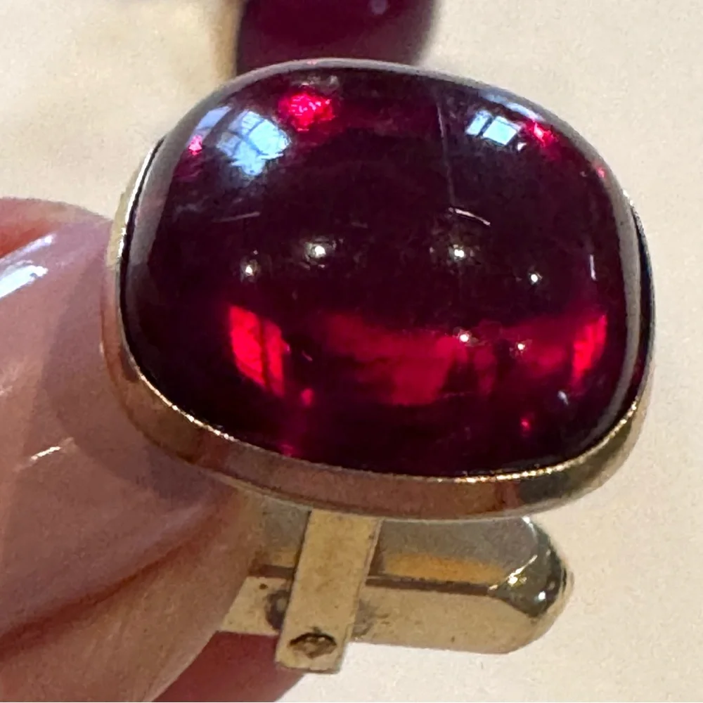 Vintage Red Lucite Cabochon Gold Tone Cufflinks